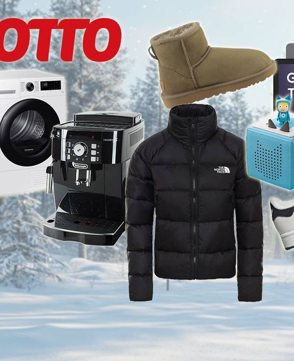 Produktbilder von UGG Boots, adidas Sneaker, The North Face Jacke, Samsung Tablet, Makita Akkuschrauber und mehr sind vor einem winterlichen Hintergrund angeordnet.