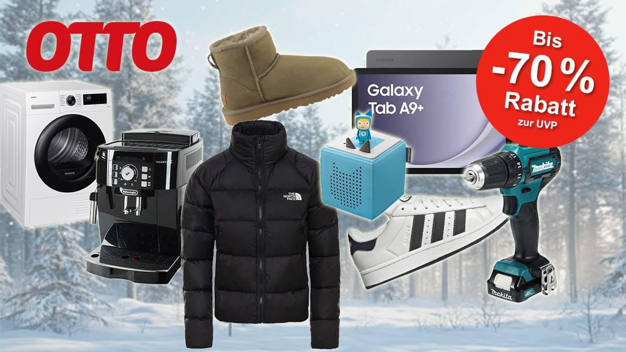 Produktbilder von UGG Boots, adidas Sneaker, The North Face Jacke, Samsung Tablet, Makita Akkuschrauber und mehr sind vor einem winterlichen Hintergrund angeordnet.
