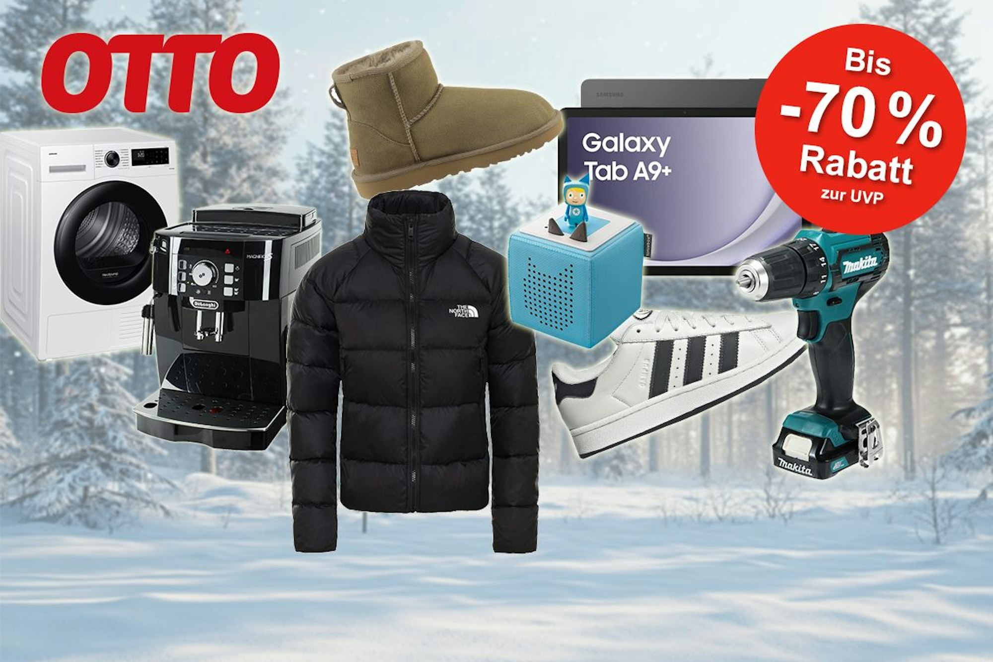 Produktbilder von UGG Boots, adidas Sneaker, The North Face Jacke, Samsung Tablet, Makita Akkuschrauber und mehr sind vor einem winterlichen Hintergrund angeordnet.