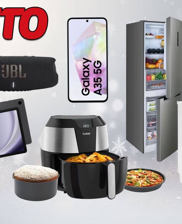 Technik-Produkte wie Airfryer, Geschirrspüler, Kühlschrank und Musikbox vor einem weihnachtlichen weißgrauen Hintergrund mit Schneeflocken.