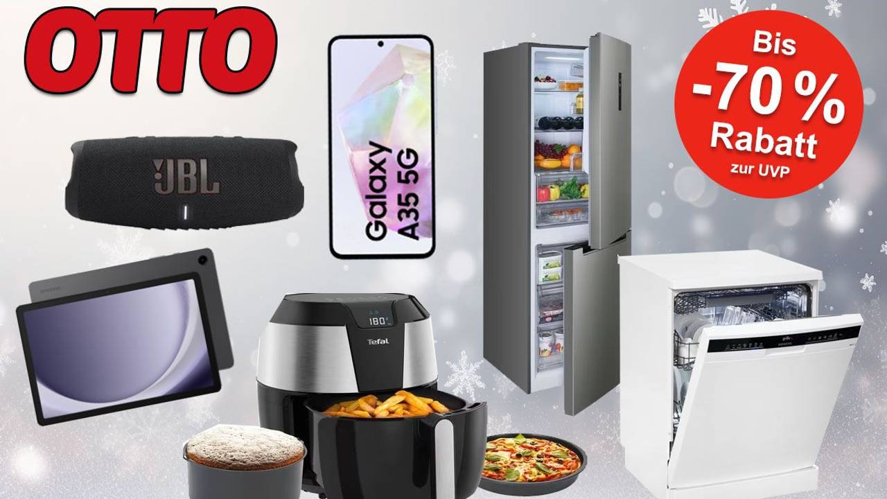 Technik-Produkte wie Airfryer, Geschirrspüler, Kühlschrank und Musikbox vor einem weihnachtlichen weißgrauen Hintergrund mit Schneeflocken.