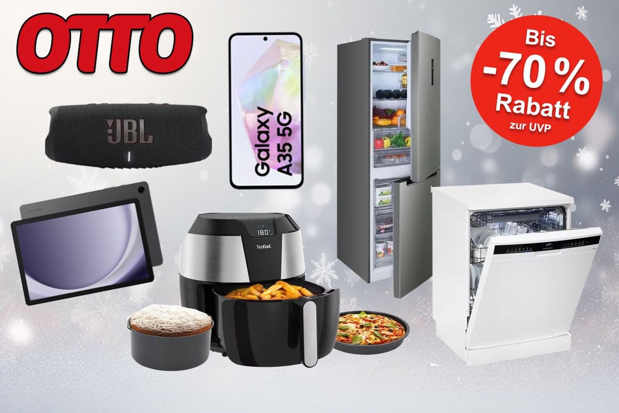 Technik-Produkte wie Airfryer, Geschirrspüler, Kühlschrank und Musikbox vor einem weihnachtlichen weißgrauen Hintergrund mit Schneeflocken.