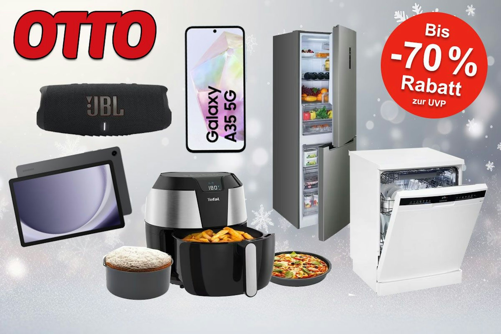 Technik-Produkte wie Airfryer, Geschirrspüler, Kühlschrank und Musikbox vor einem weihnachtlichen weißgrauen Hintergrund mit Schneeflocken.