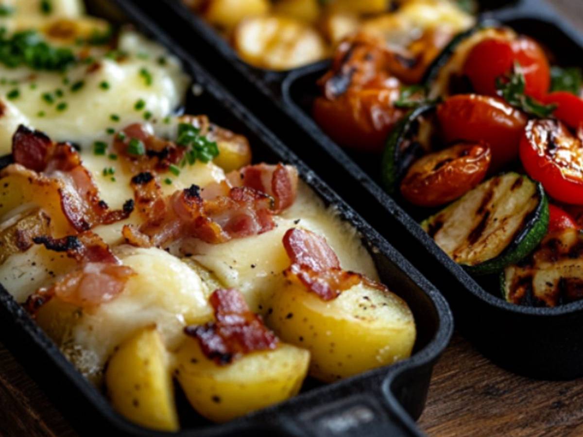 Auf dem Bild sind vier verschiedene Raclette-Pfännchen abgebildet.