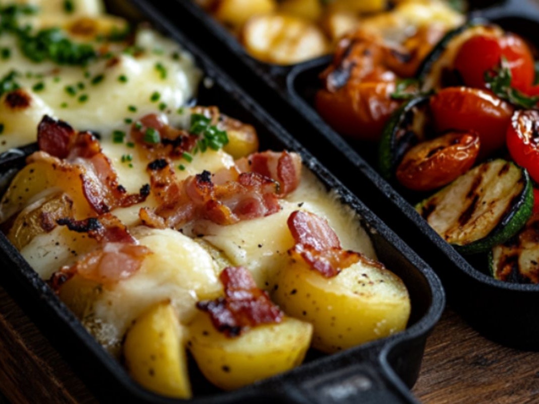 Auf dem Bild sind vier verschiedene Raclette-Pfännchen abgebildet.