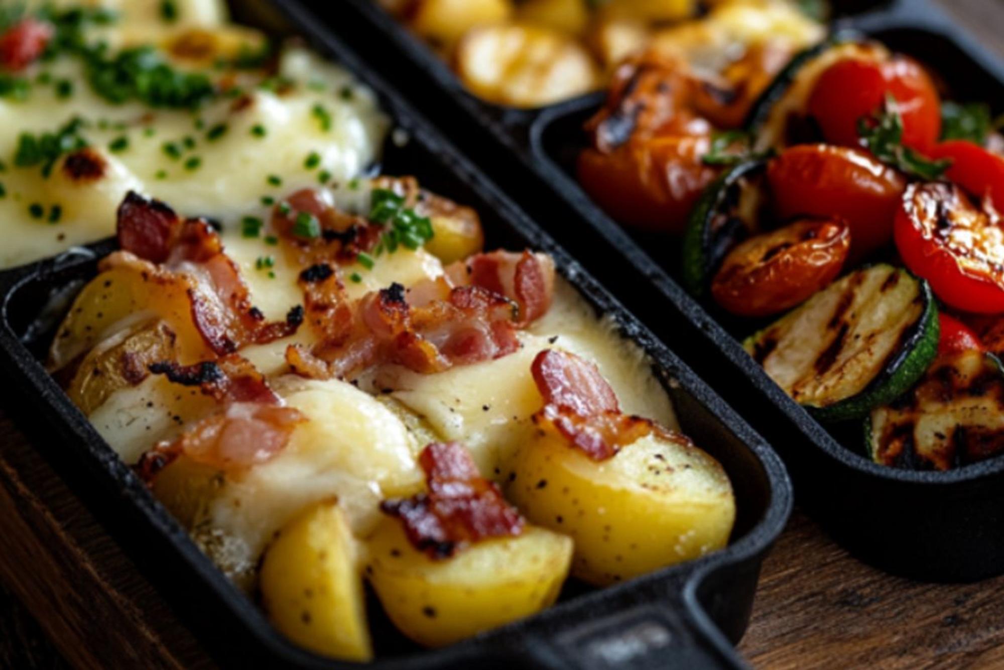 Auf dem Bild sind vier verschiedene Raclette-Pfännchen abgebildet.