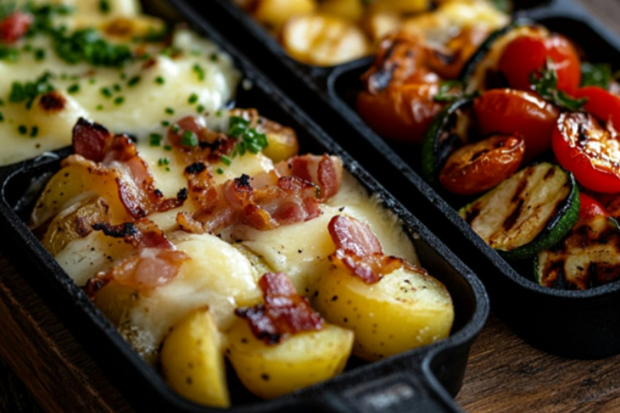 Auf dem Bild sind vier verschiedene Raclette-Pfännchen abgebildet.