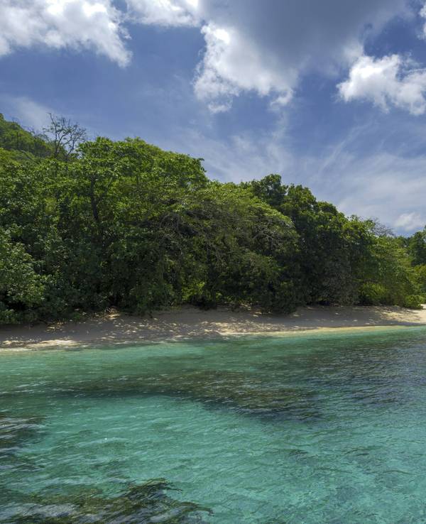 Bucht, Riff und Strand sind in Pulisan, im Norden Sulawesis zu sehen.