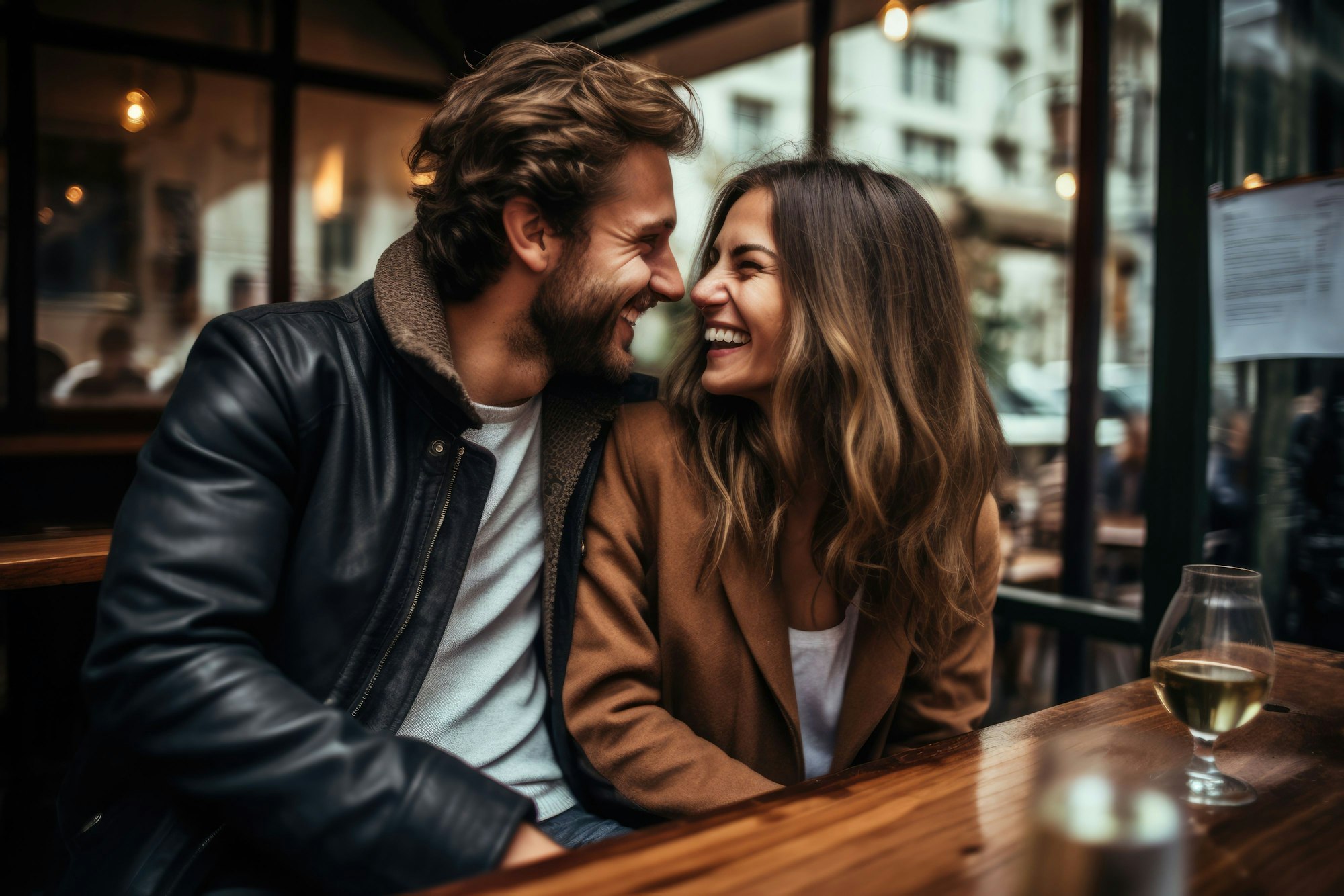 Das Bild zeigt ein glückliches junges Paar in einem Cafe.