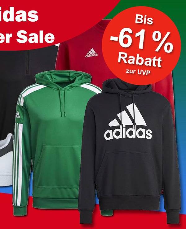 adidas Sneaker, Superstars, Adilette, Hoodies, Jacken, Boxershorts vor einer dunklen farbigen Fläche, dazu Design von Amazon Winter Sale.