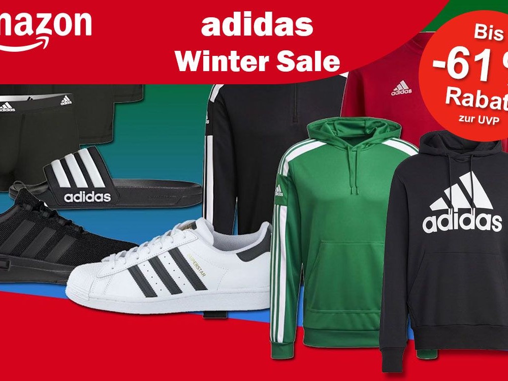 adidas Sneaker, Superstars, Adilette, Hoodies, Jacken, Boxershorts vor einer dunklen farbigen Fläche, dazu Design von Amazon Winter Sale.