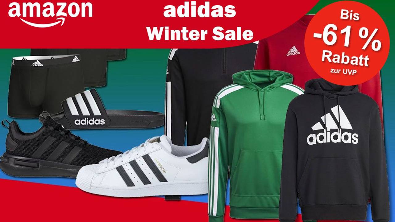 adidas Sneaker, Superstars, Adilette, Hoodies, Jacken, Boxershorts vor einer dunklen farbigen Fläche, dazu Design von Amazon Winter Sale.