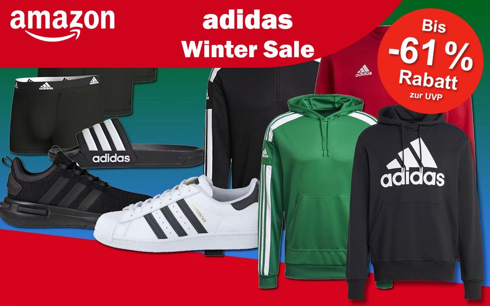 adidas Sneaker, Superstars, Adilette, Hoodies, Jacken, Boxershorts vor einer dunklen farbigen Fläche, dazu Design von Amazon Winter Sale.