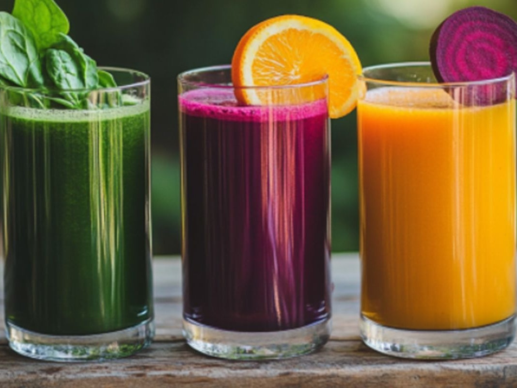 Auf dem Bild sind drei verschiedene Säfte zu sehen.