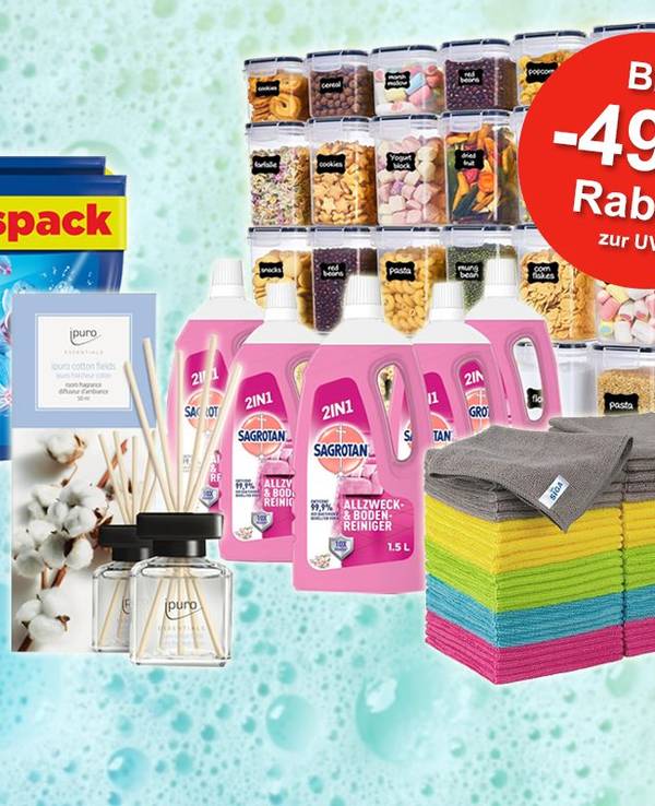 Auf dem Bild sind verschiedene Produkte angeordnet, die für den Frühjahrsputz verwendet werden können.