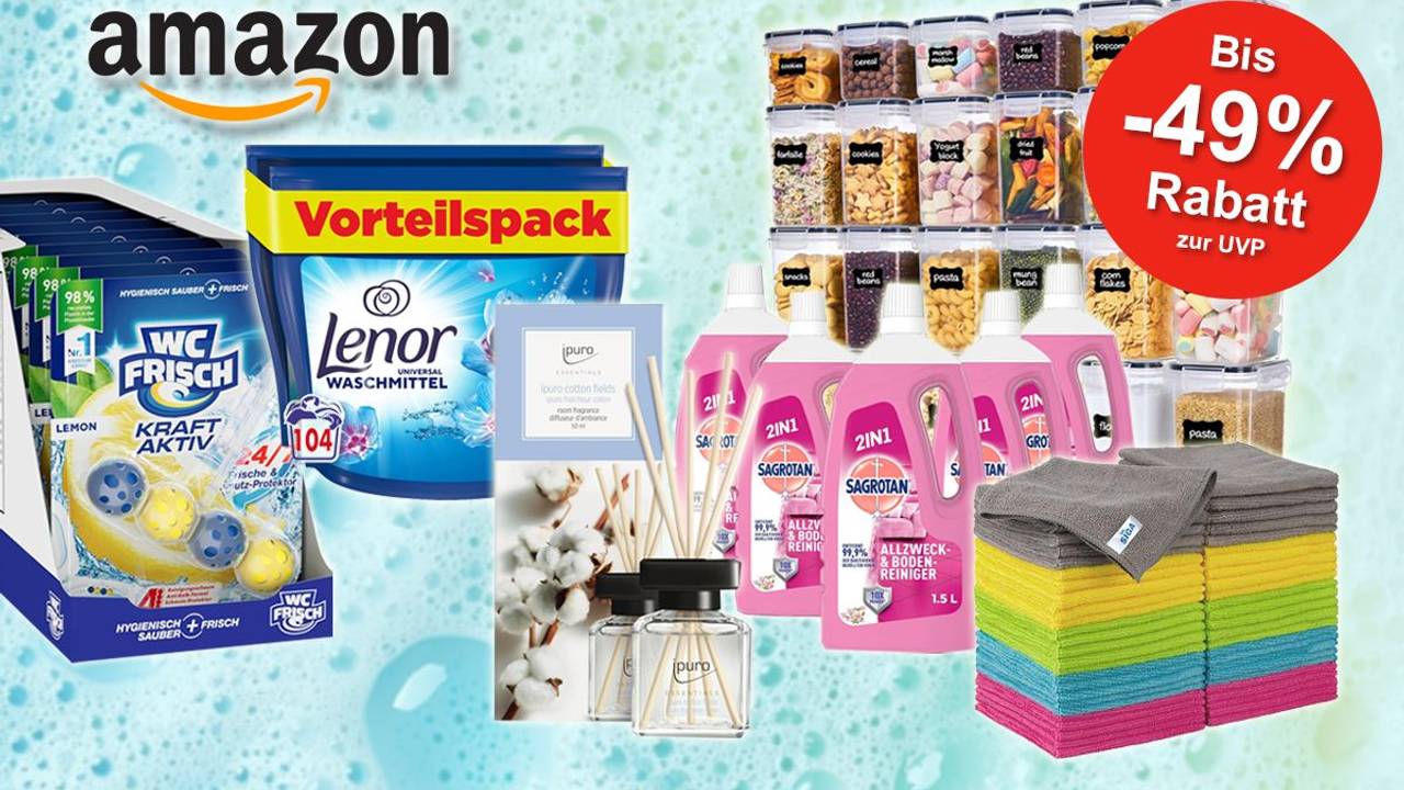 Auf dem Bild sind verschiedene Produkte angeordnet, die für den Frühjahrsputz verwendet werden können.