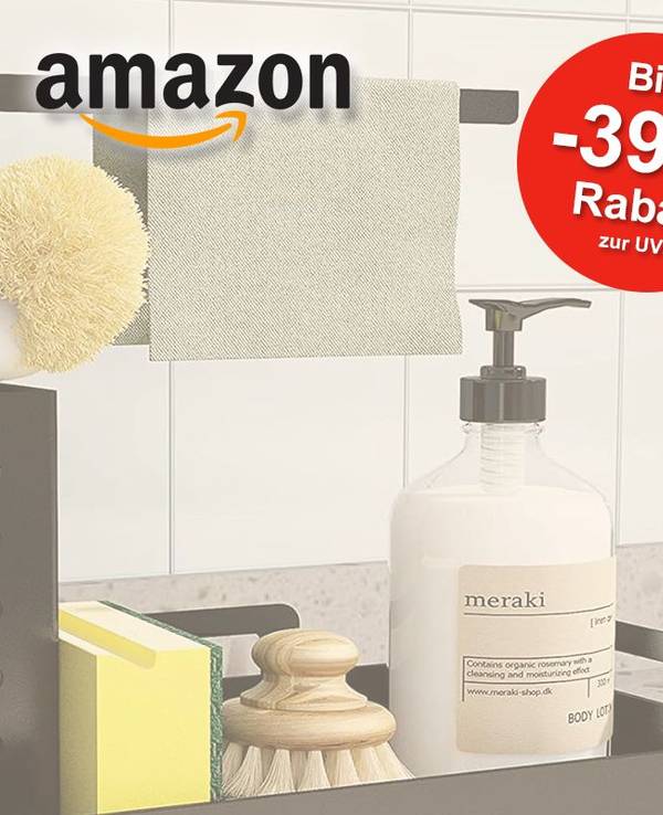 Auf dem Bild ist ein Küchenorganizer mit Seife, Schwamm, Bürste und Lappen zu sehen