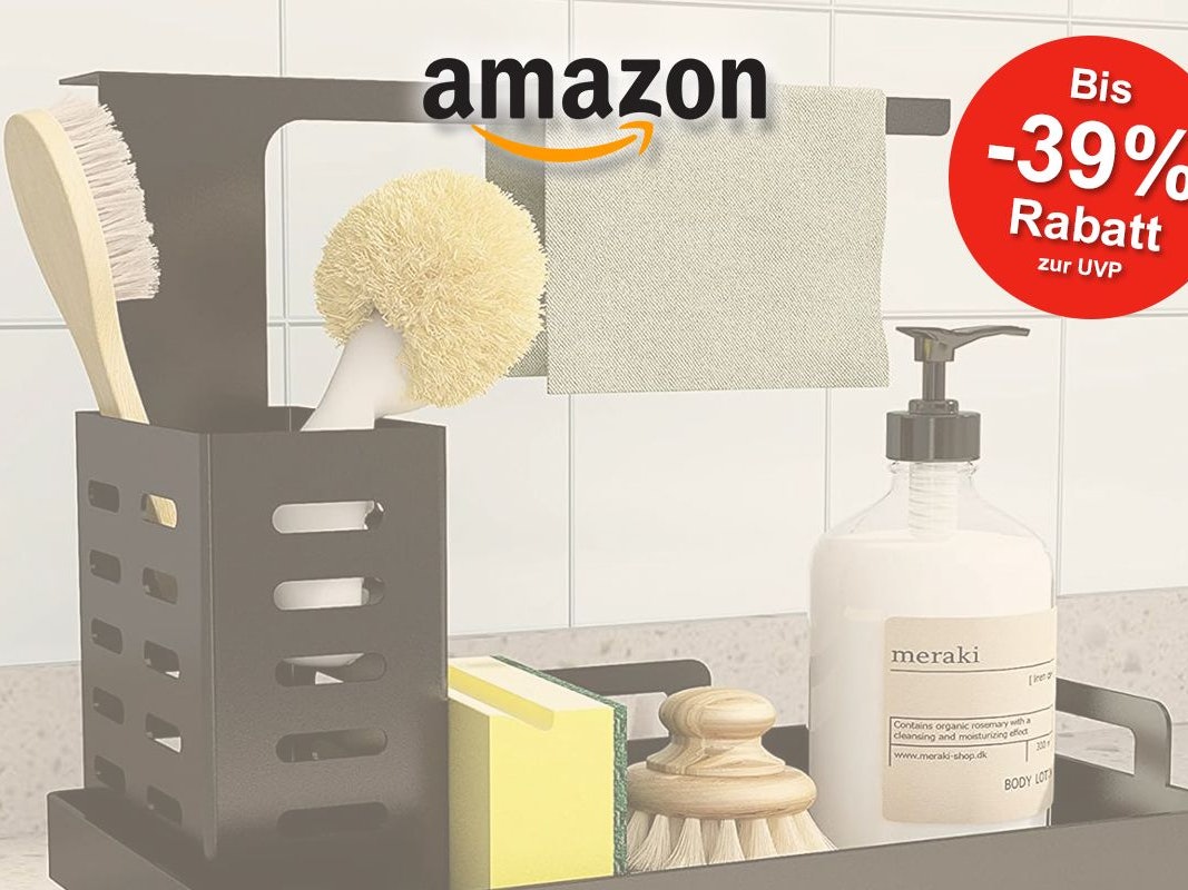 Auf dem Bild ist ein Küchenorganizer mit Seife, Schwamm, Bürste und Lappen zu sehen