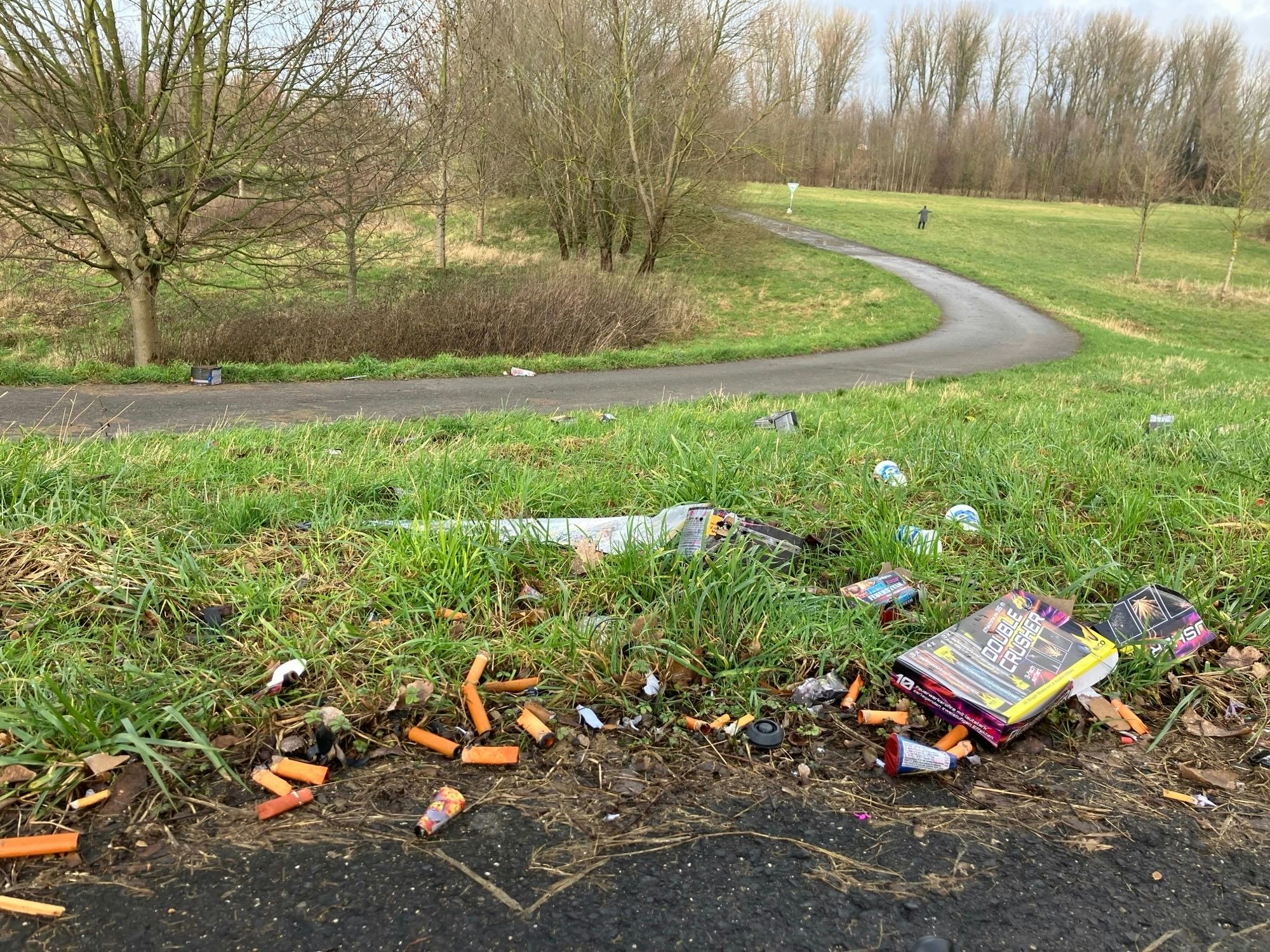 Abgebrannte Böller und Raketen liegen auf einer Wiese.