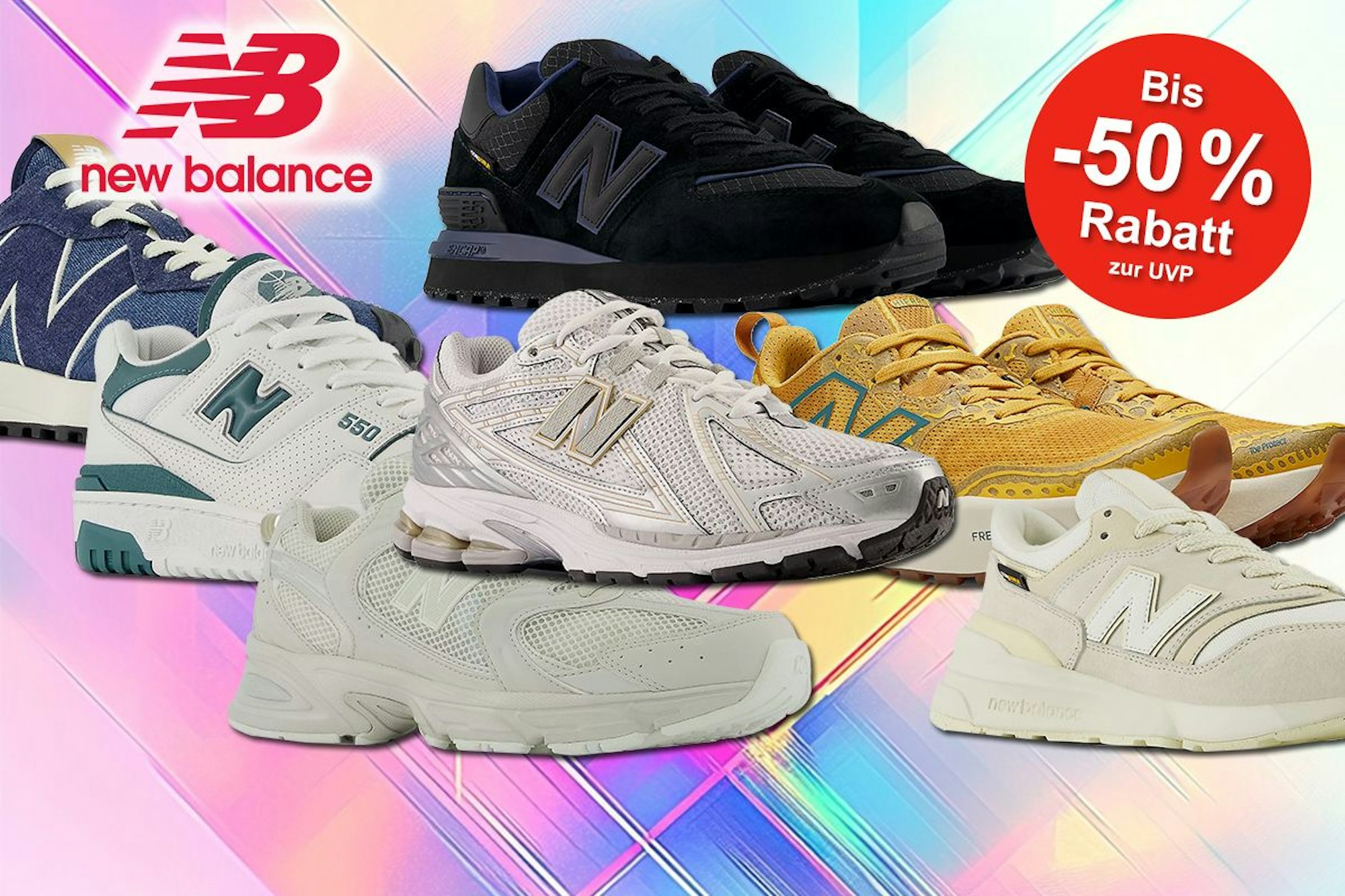Sneaker im Sale bei New Balance auf farbigem Hintergrund