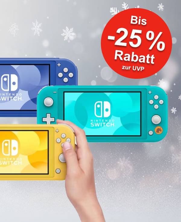 Vier Nintendo Switch Lite Konsolen in gelb, türkis, rosa und blau vor weihnachtlichem Hintergrund.