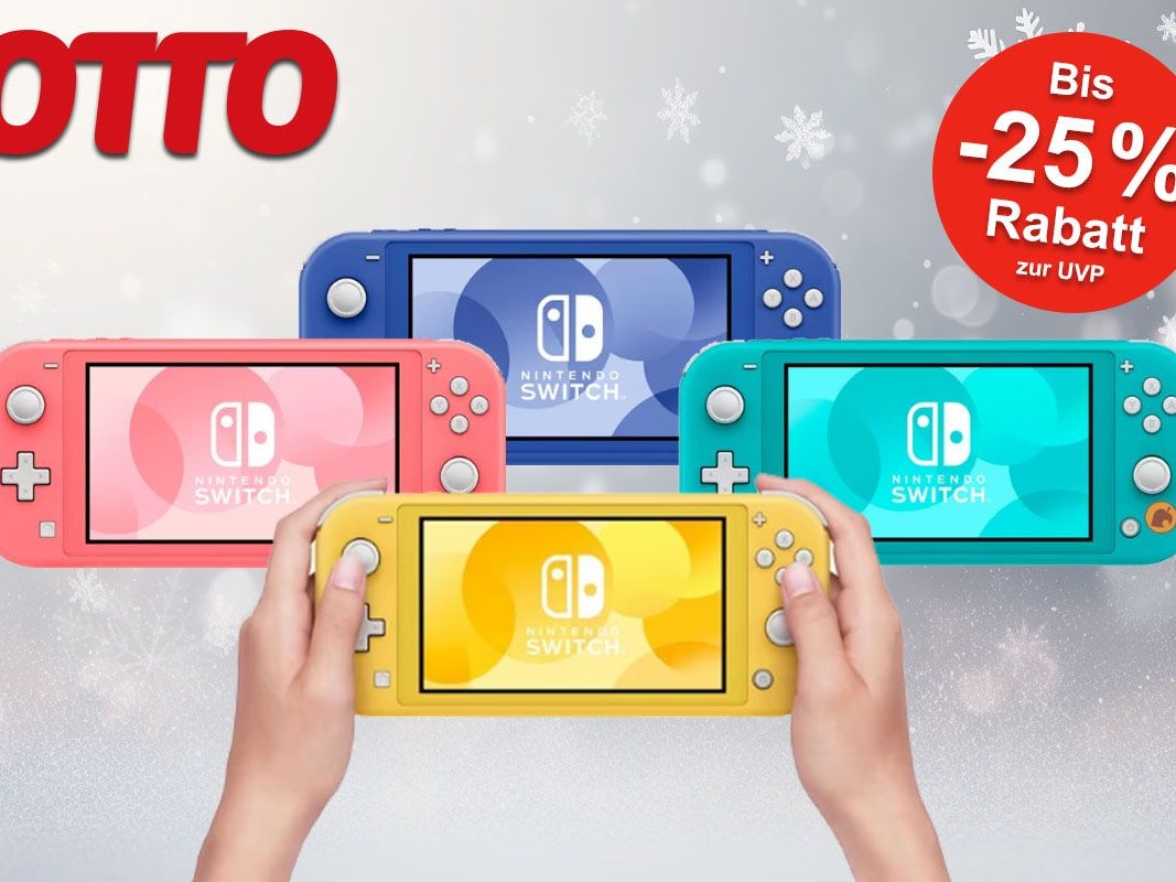 Vier Nintendo Switch Lite Konsolen in gelb, türkis, rosa und blau vor weihnachtlichem Hintergrund.