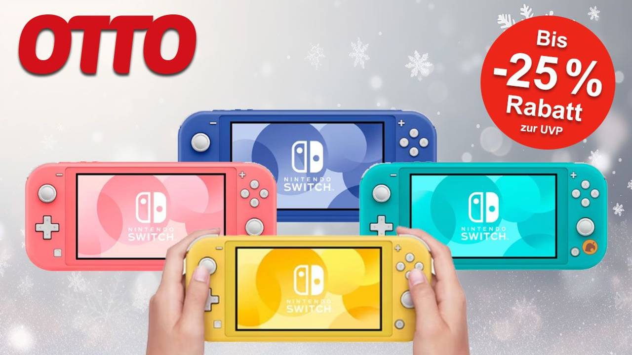 Vier Nintendo Switch Lite Konsolen in gelb, türkis, rosa und blau vor weihnachtlichem Hintergrund.