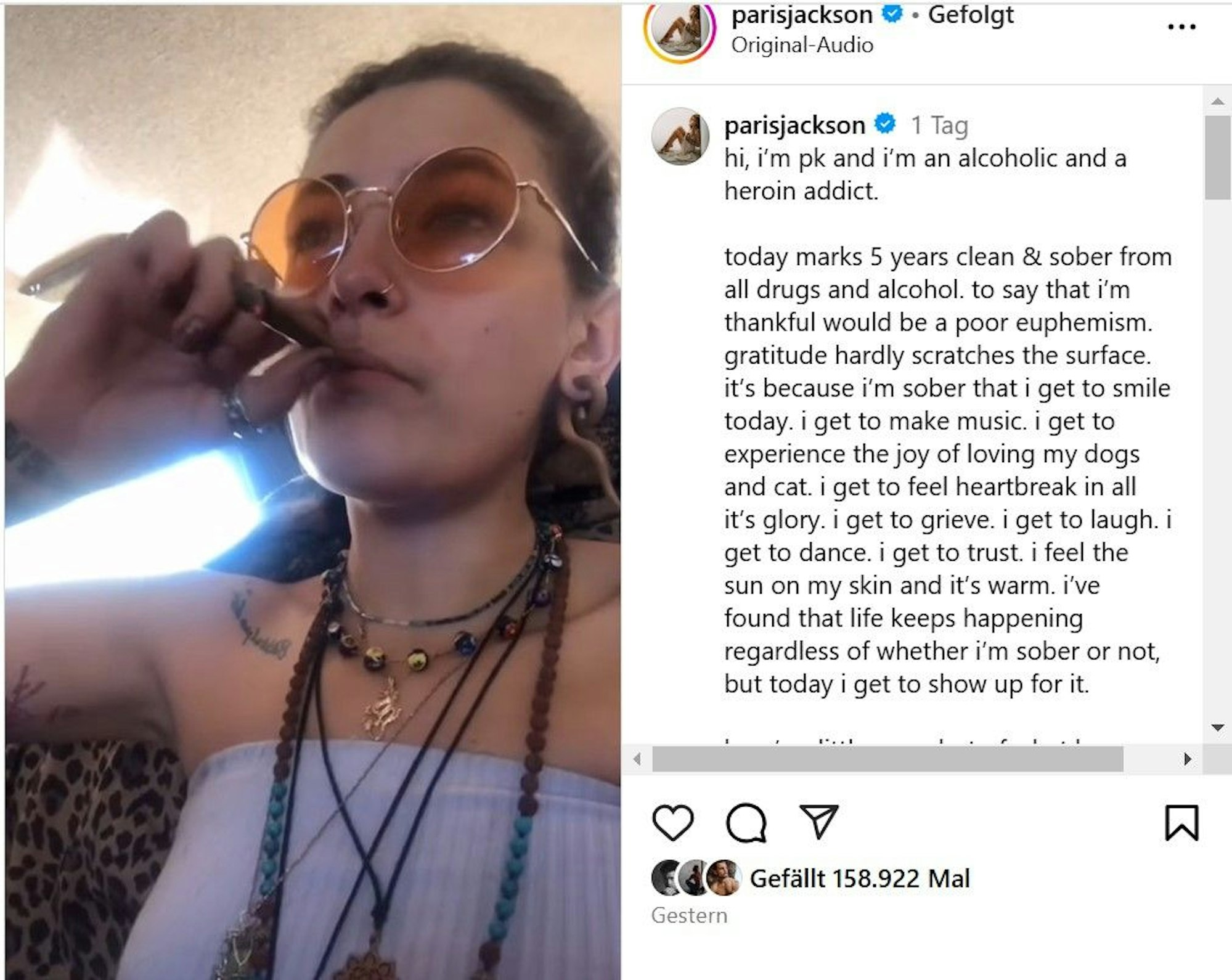 Zu sehen ist ein Instagram-Post der Musikerin und Schauspielerin Paris Jackson, welche darin stolz ihren Kampf über die Drogensucht zelebriert.