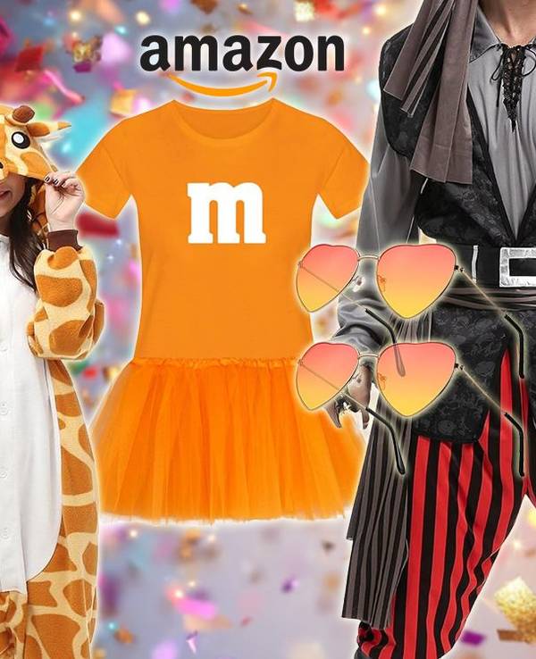 Auf dem Bild sind verschiedene Karnevalskostüme, wie ein Dino, m&m, Pirat und mehr angeordnet.