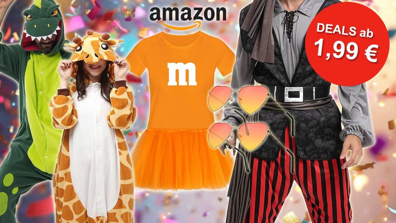 Auf dem Bild sind verschiedene Karnevalskostüme, wie ein Dino, m&m, Pirat und mehr angeordnet.