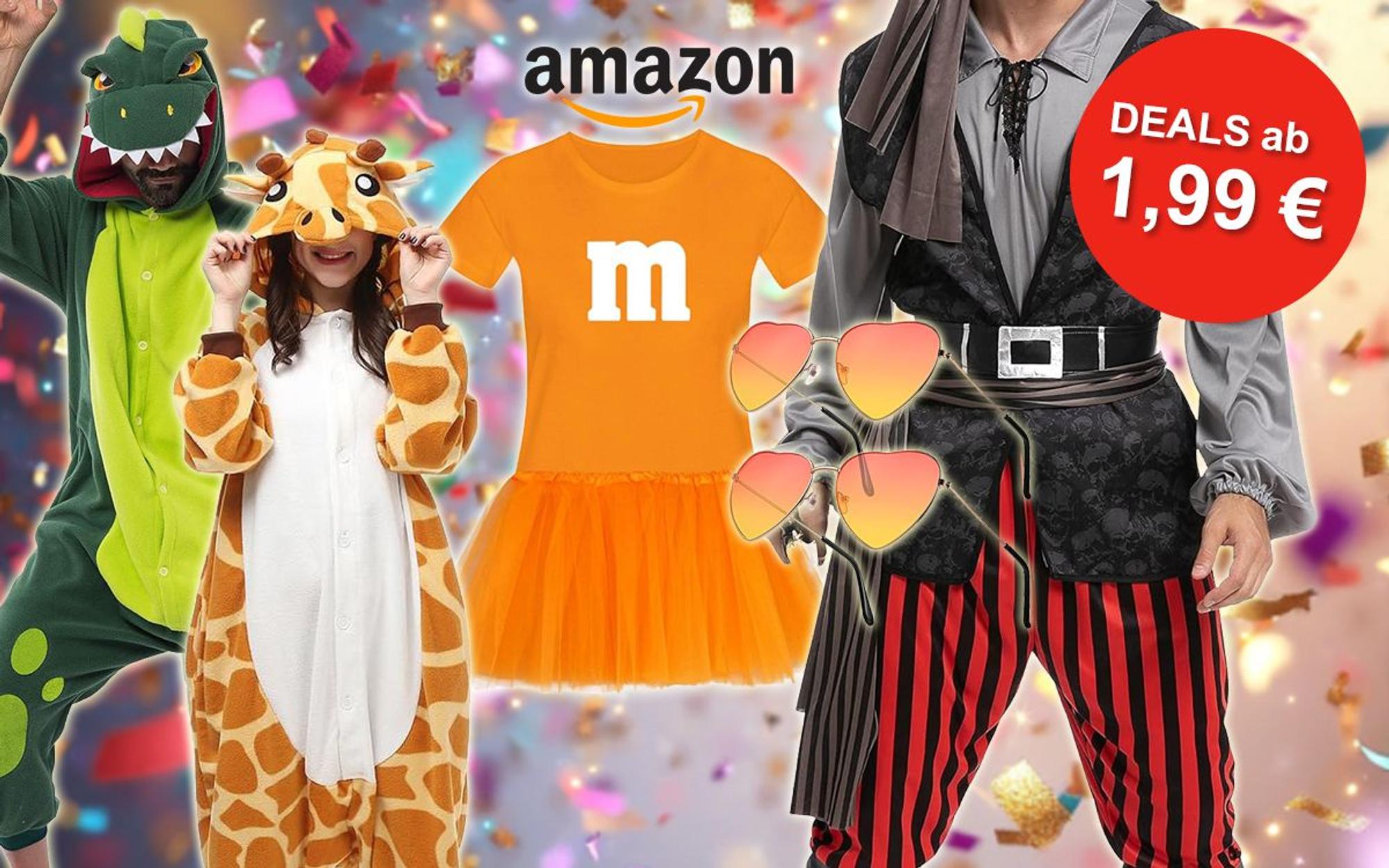 Auf dem Bild sind verschiedene Karnevalskostüme, wie ein Dino, m&m, Pirat und mehr angeordnet.