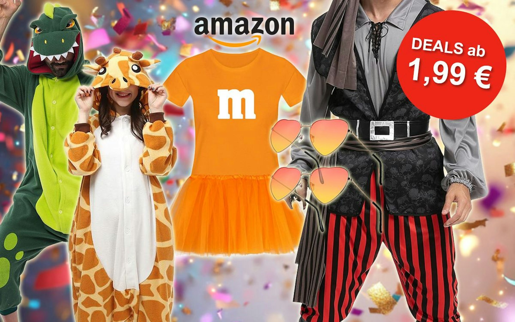 Auf dem Bild sind verschiedene Karnevalskostüme, wie ein Dino, m&m, Pirat und mehr angeordnet.