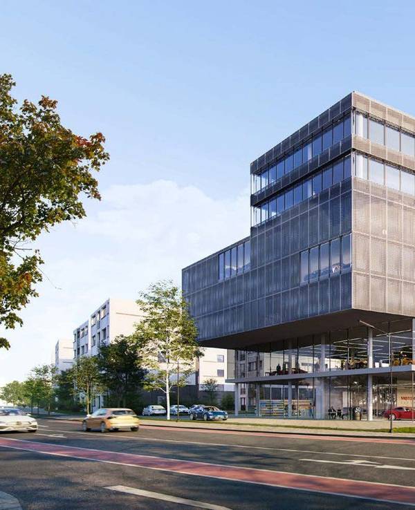 Eine Visualisierung des Erweiterungsbau im Gewerbe- und Medienpark Köln-Ossendorf, gegenüber der Motorworld.