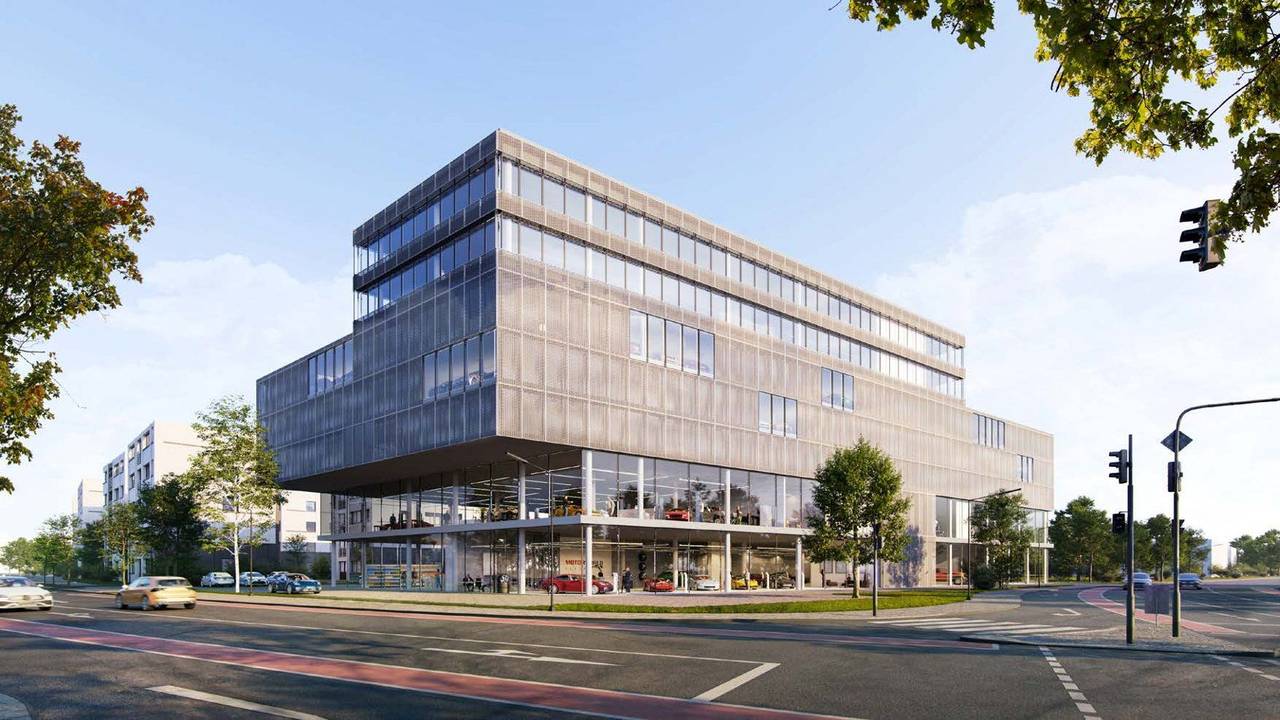 Eine Visualisierung des Erweiterungsbau im Gewerbe- und Medienpark Köln-Ossendorf, gegenüber der Motorworld.