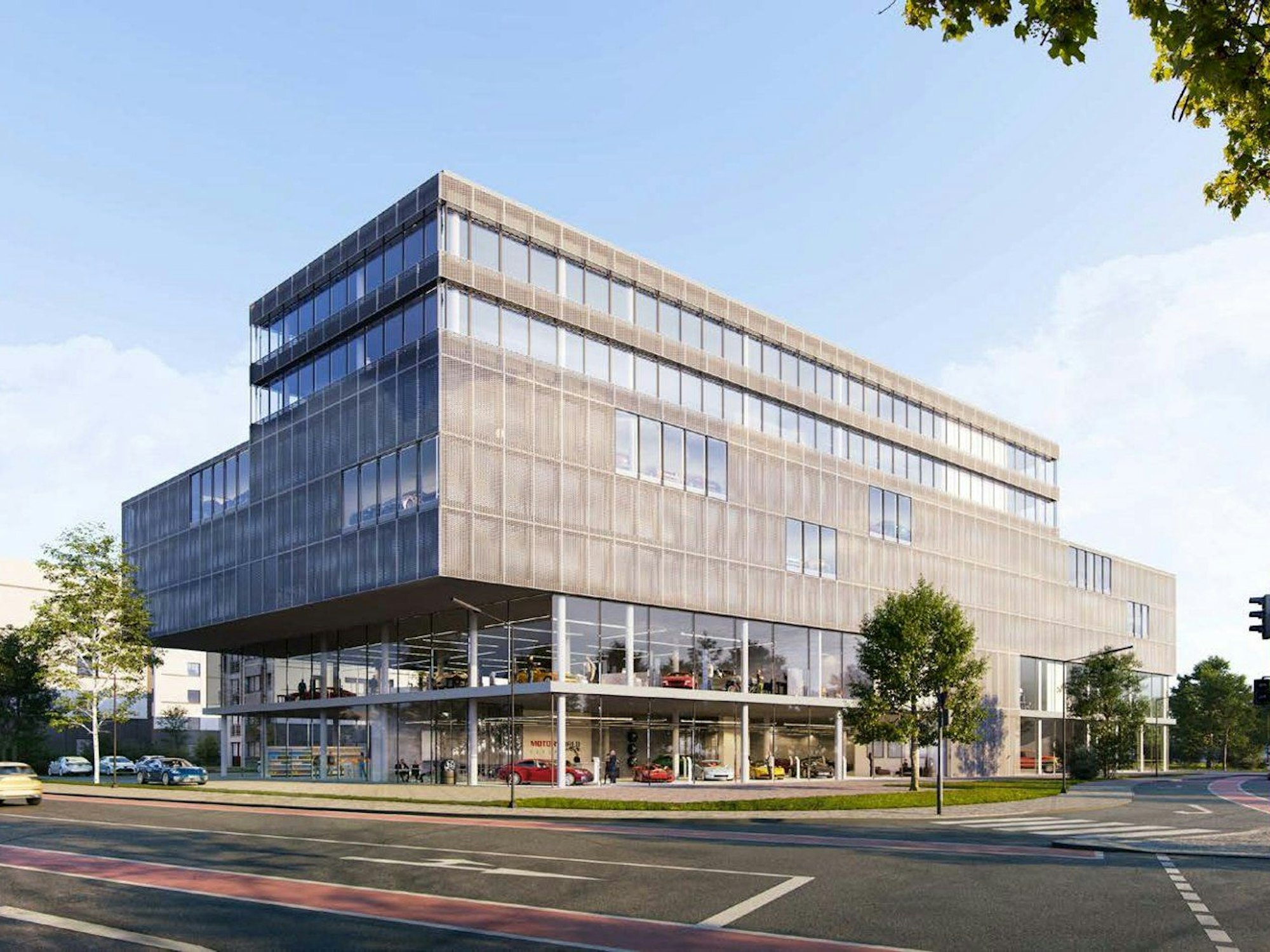 Eine Visualisierung des Erweiterungsbau im Gewerbe- und Medienpark Köln-Ossendorf, gegenüber der Motorworld.