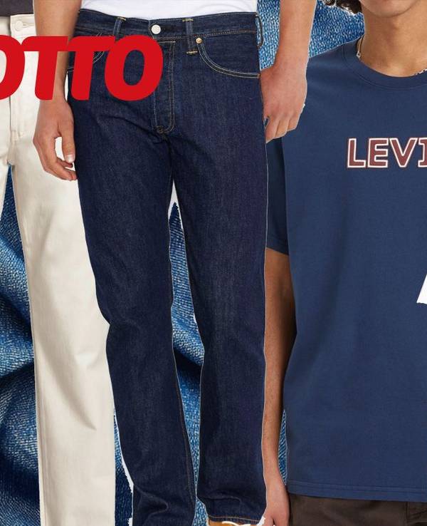 4 Models die jeweils eine Levis Jeans, eine Chinohose, ein Levis T-Shirt für Herren und ein Levis T-Shirt für Damen tragen.