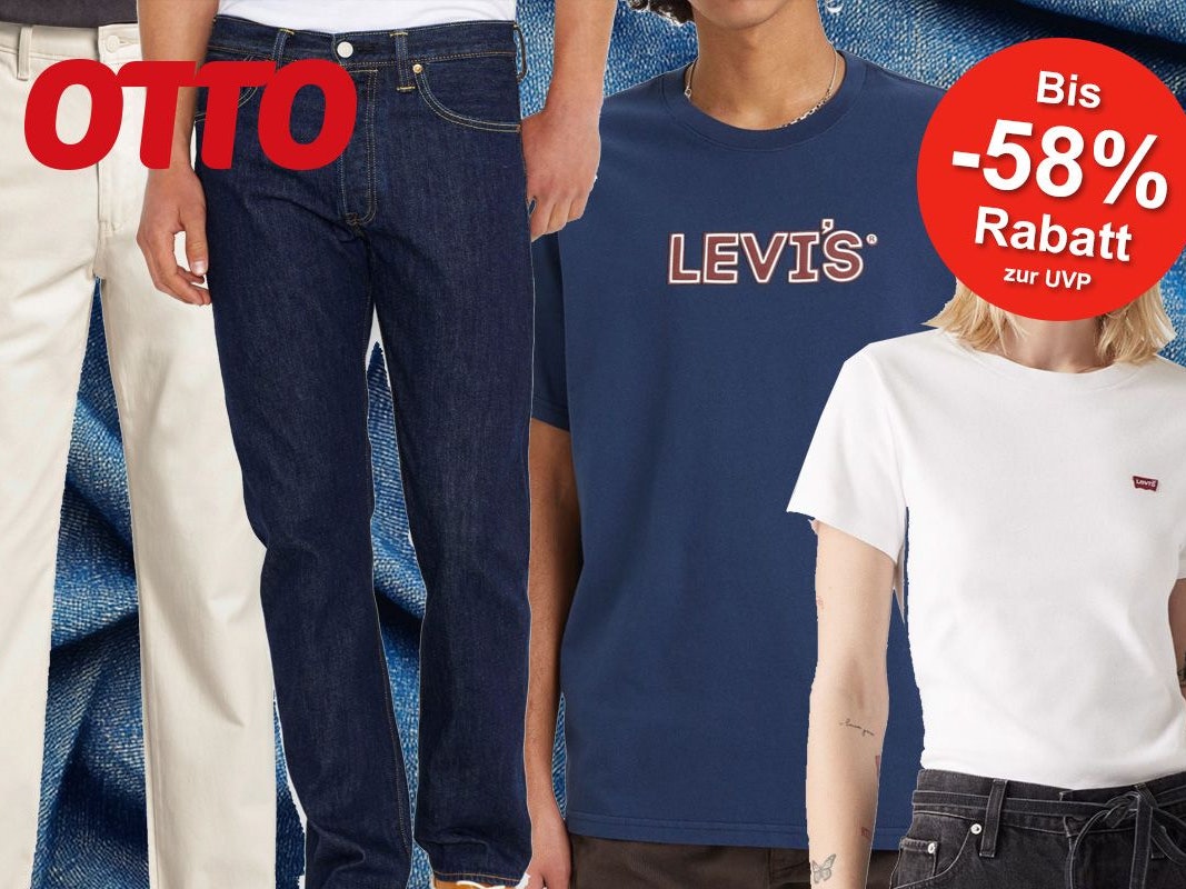 4 Models die jeweils eine Levis Jeans, eine Chinohose, ein Levis T-Shirt für Herren und ein Levis T-Shirt für Damen tragen.