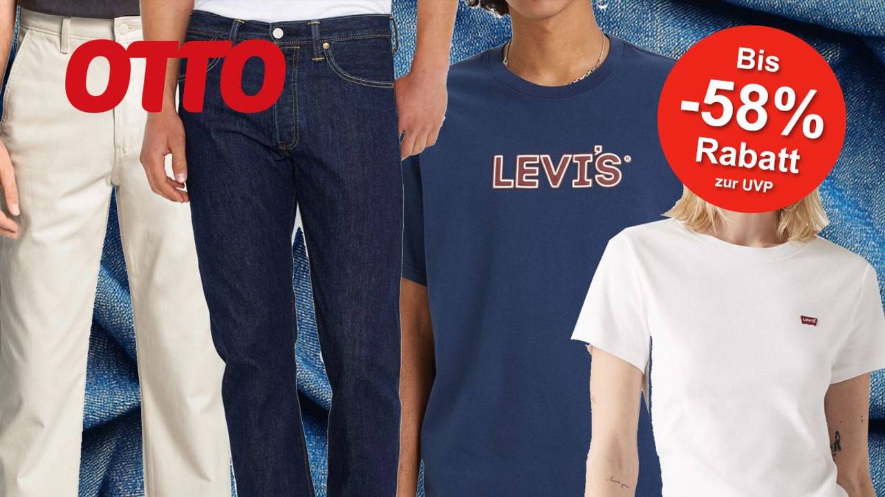 4 Models die jeweils eine Levis Jeans, eine Chinohose, ein Levis T-Shirt für Herren und ein Levis T-Shirt für Damen tragen.