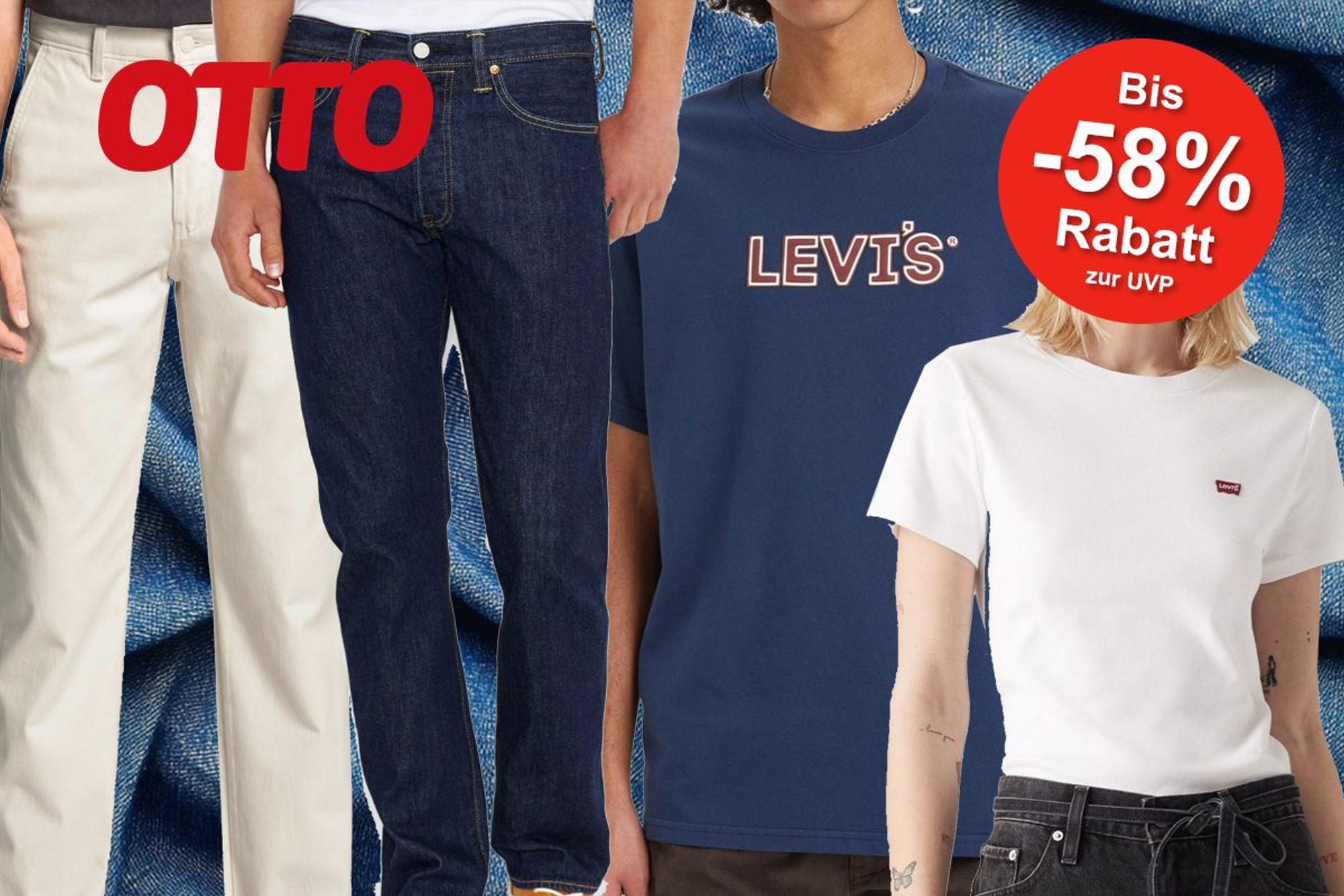 4 Models die jeweils eine Levis Jeans, eine Chinohose, ein Levis T-Shirt für Herren und ein Levis T-Shirt für Damen tragen.