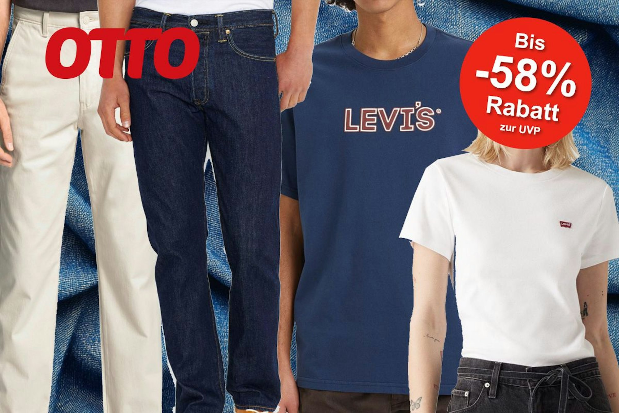4 Models die jeweils eine Levis Jeans, eine Chinohose, ein Levis T-Shirt für Herren und ein Levis T-Shirt für Damen tragen.
