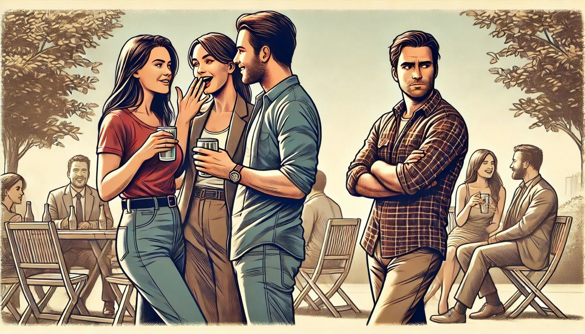 Eine Gruppe von jungen Menschen steht zusammen in einem Park und unterhält sich. Ein mürrischer junger Mann steht abseits.