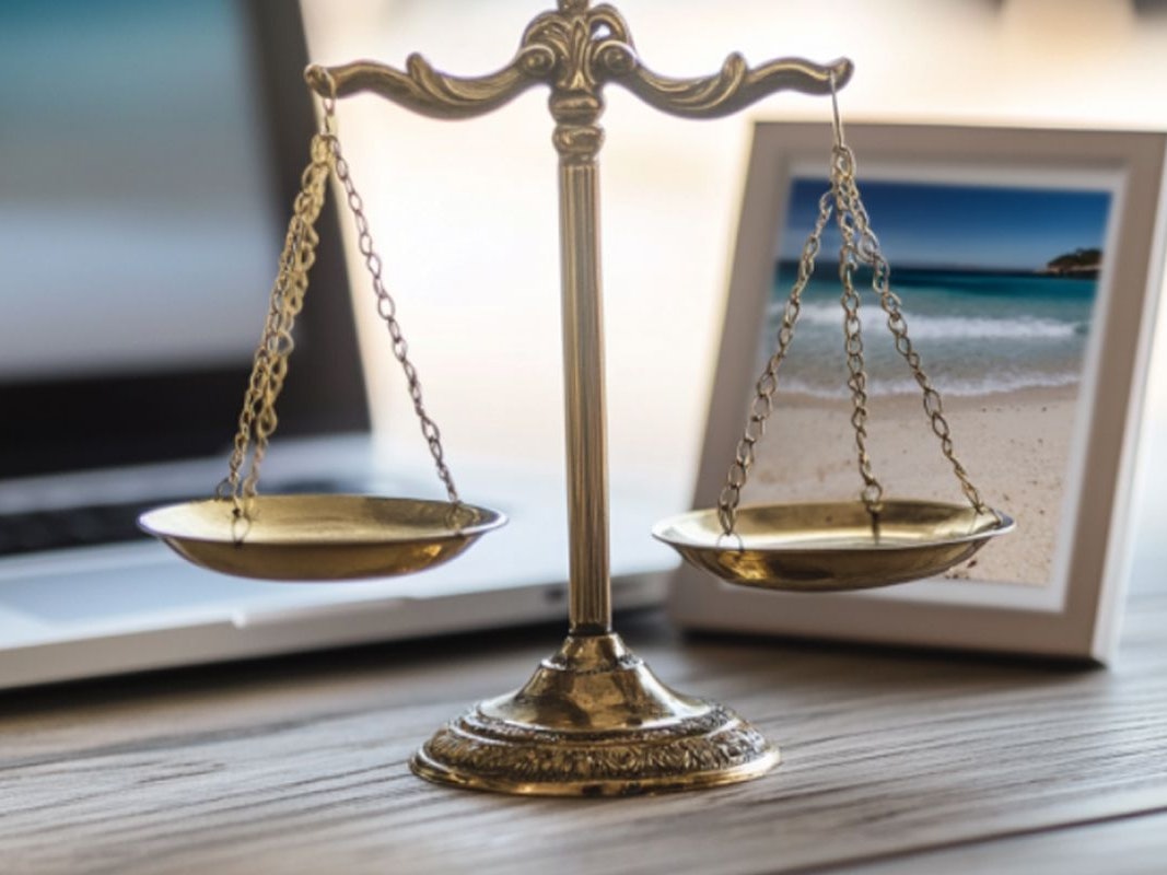 Das Bild zeigt eine Waage. Auf der einen Seite steht ein Laptop. Auf der anderen Seite ist ein Urlaubsfoto zu sehen.