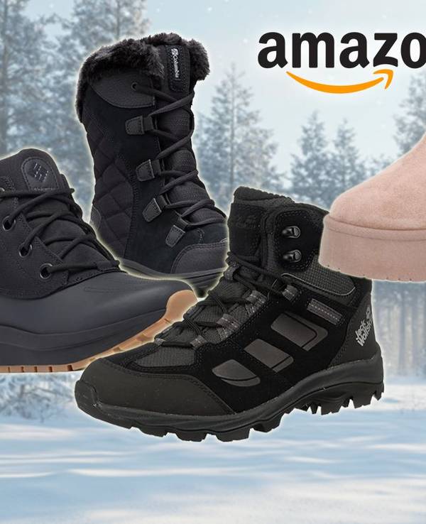 Auf dem Bild sind verschiedene Winterschuhe angeordnet. Im Hintergrund ist eine Schneelandschaft zu sehen.