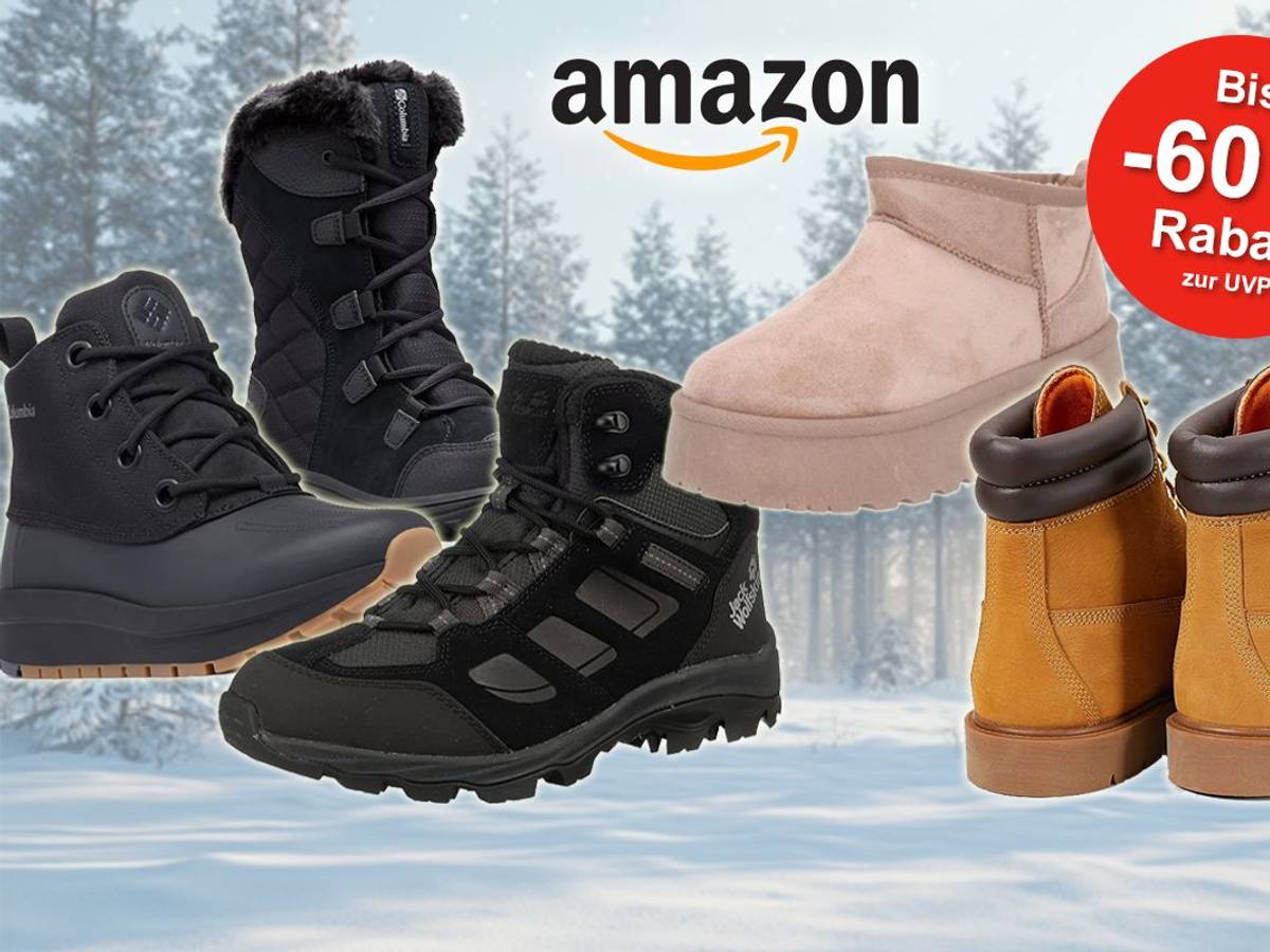 Auf dem Bild sind verschiedene Winterschuhe angeordnet. Im Hintergrund ist eine Schneelandschaft zu sehen.
