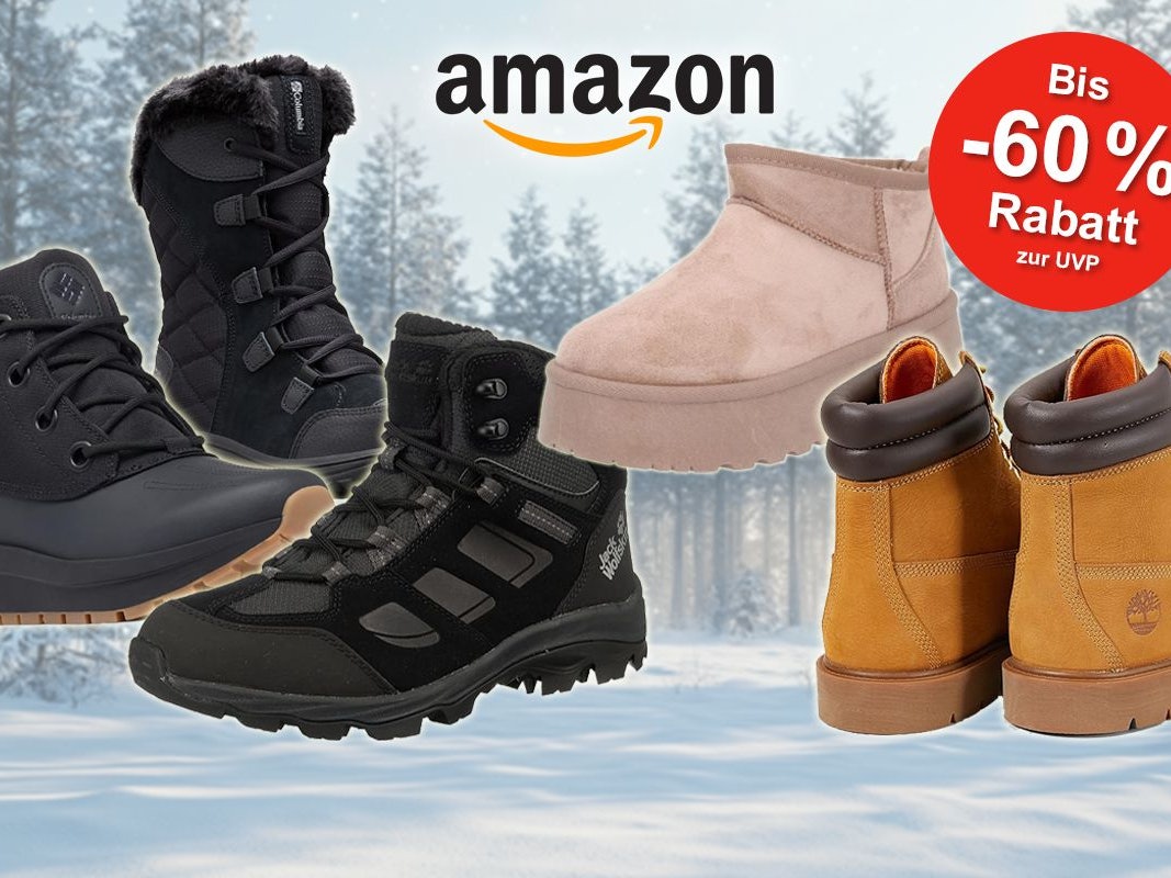 Auf dem Bild sind verschiedene Winterschuhe angeordnet. Im Hintergrund ist eine Schneelandschaft zu sehen.