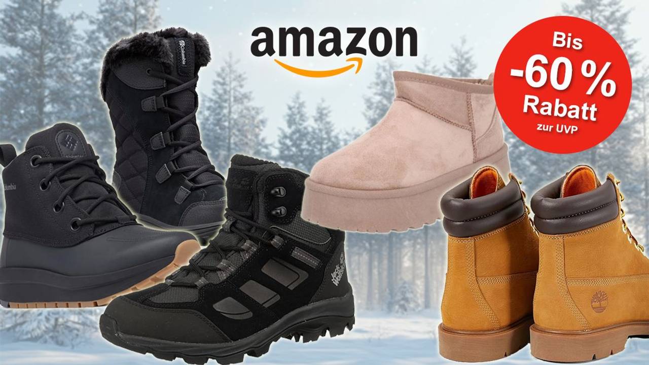 Auf dem Bild sind verschiedene Winterschuhe angeordnet. Im Hintergrund ist eine Schneelandschaft zu sehen.