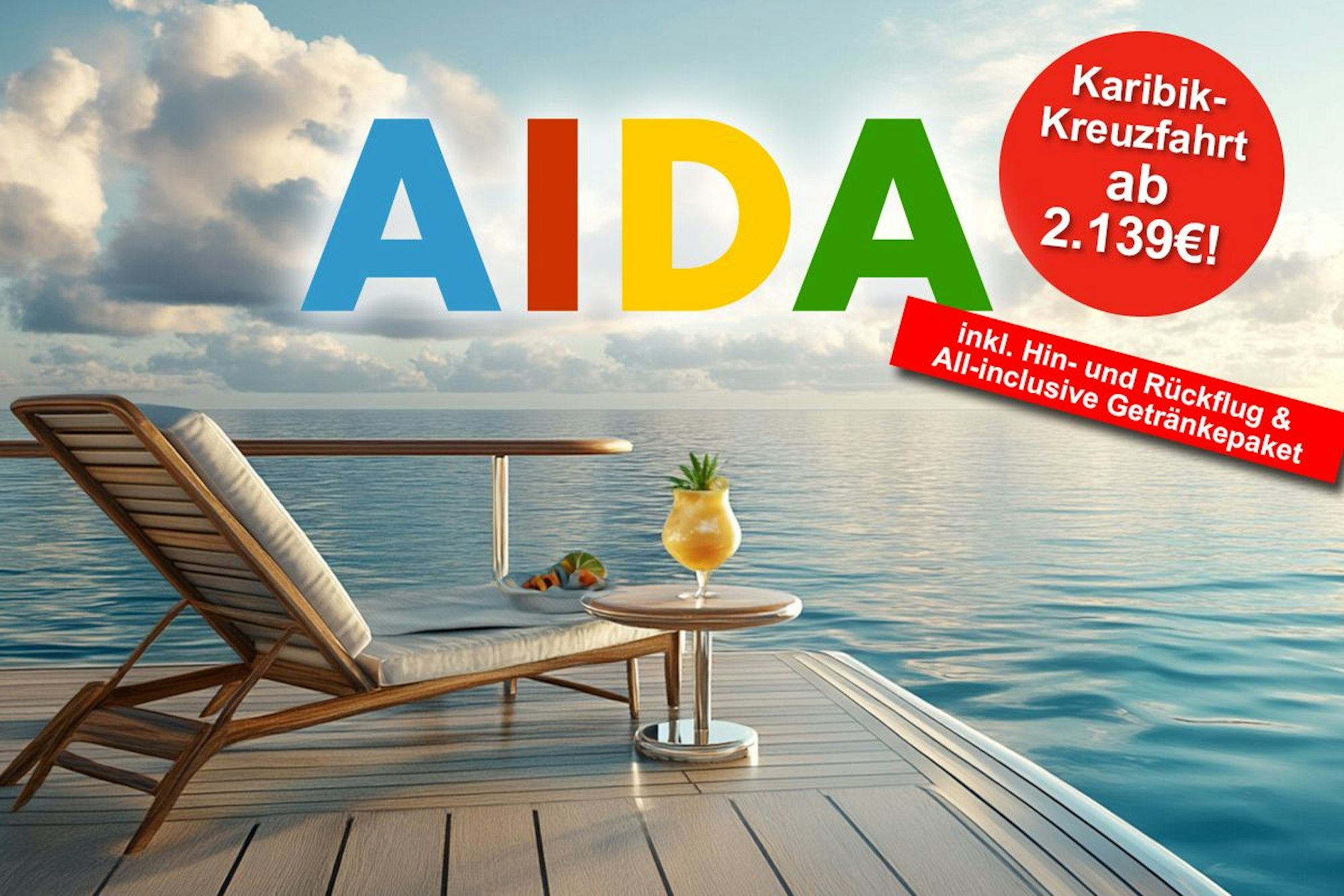 Liege am karibischen Strand mit Darstellung des AIDA Logos