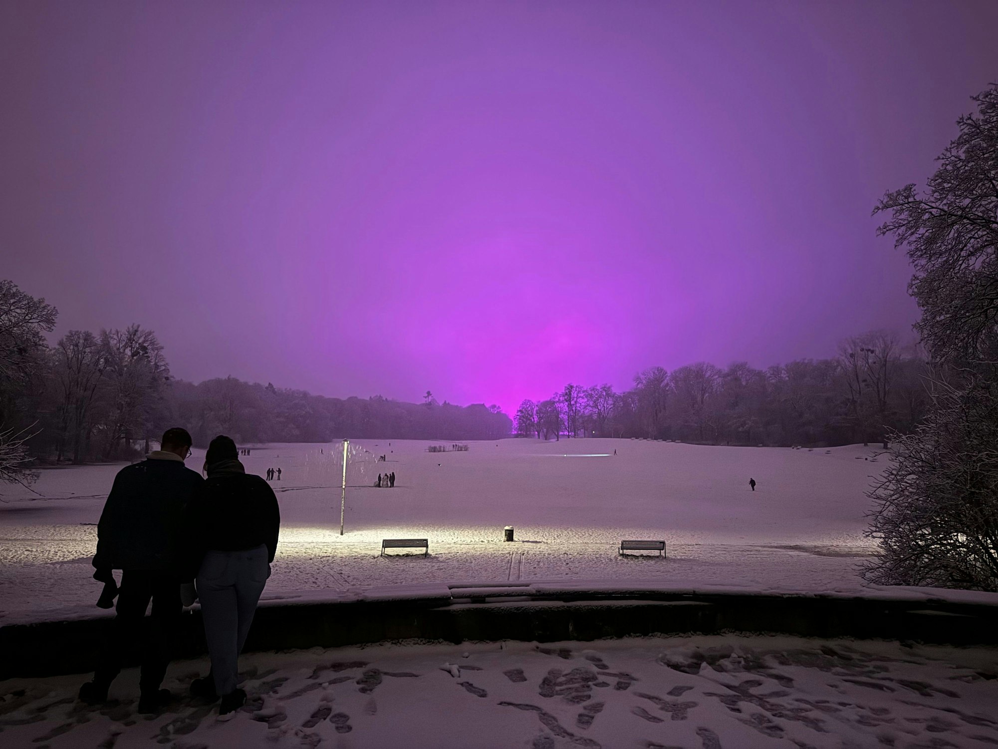 Am Mittwochabend (8. Januar 2025) hat es in Köln begonnen zu schneien. Am Himmel wird die violette Beleuchtung auf den Trainingsplätzen des Fußballclubs 1. FC Köln reflektiert, welche dort das Rasenwachstum fördern soll.