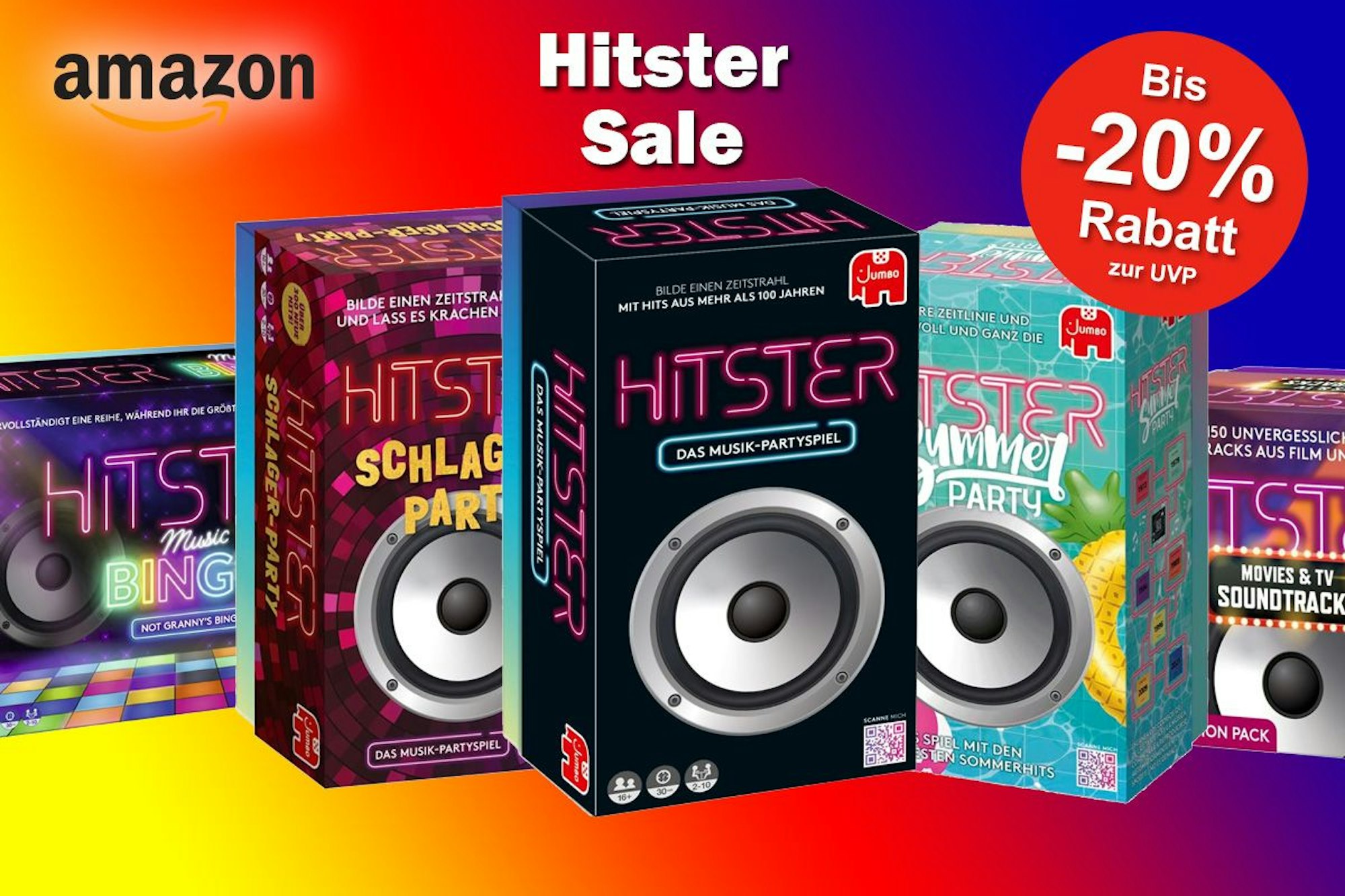 Produktbilder von dem beliebten Partyspiel Hitster Original, Hitster Sommer-Party, Hitster Schlager-Party, Hitster Movies & TV Soundtracks und Hitster Bingo