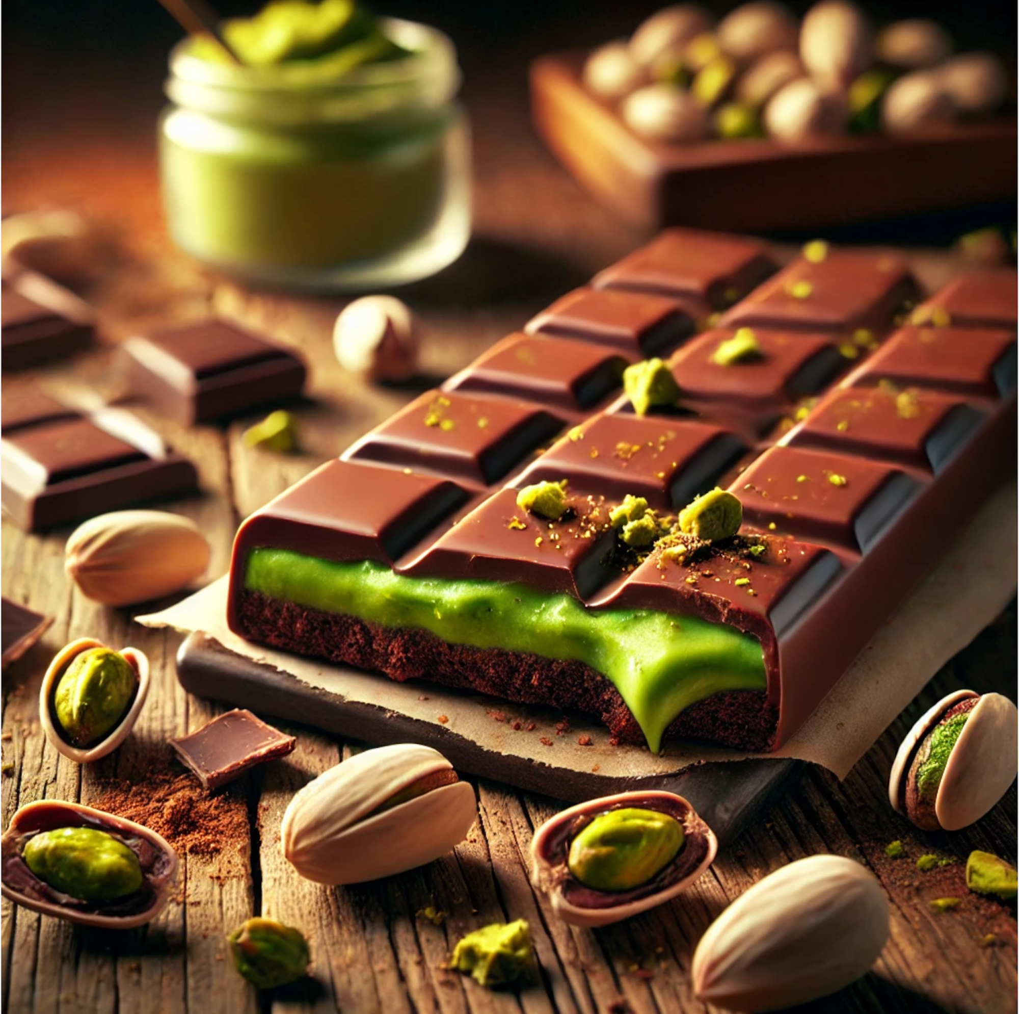 Bild von einer Dubai Schokoladen Tafel mit Pistazien Füllung